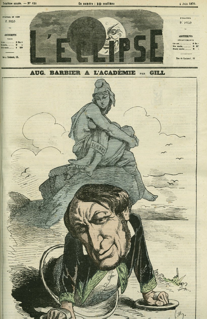 अगस्टे बारबियर (1805-1882), फ्रांसीसी कवि 1869 में फ्रांसीसी अकादमी के लिए चुने गए। गिल द्वारा "" L'Eclipse" में कवर, जून 4 द्वारा एंड्रयू गिल