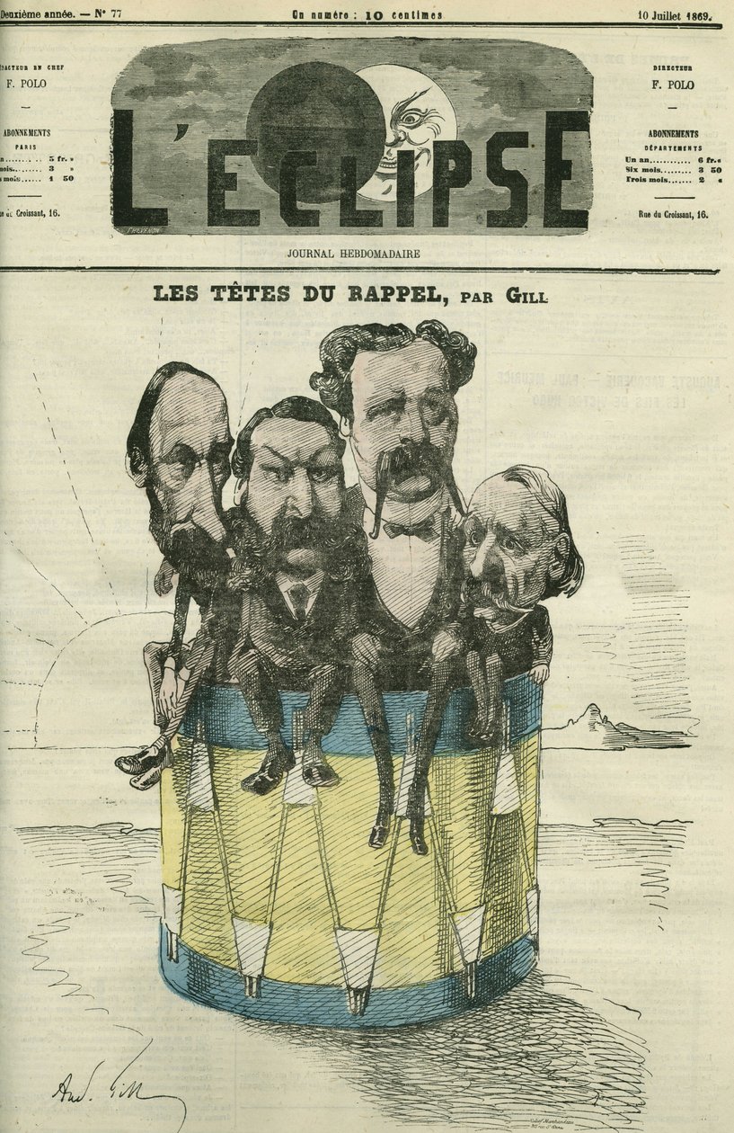 अगस्टे वैक्क्वेरी (1819-1895), विक्टर ह्यूगो (1802-1885), चार्ल्स ह्यूगो (1826-1871), और पॉल मेउरिस (1818-1905), फ्रेंच मैन ऑफ लेटर्स। गिल द्वारा "" L'Eclipse" में कवर, 10 जुलाई July द्वारा एंड्रयू गिल