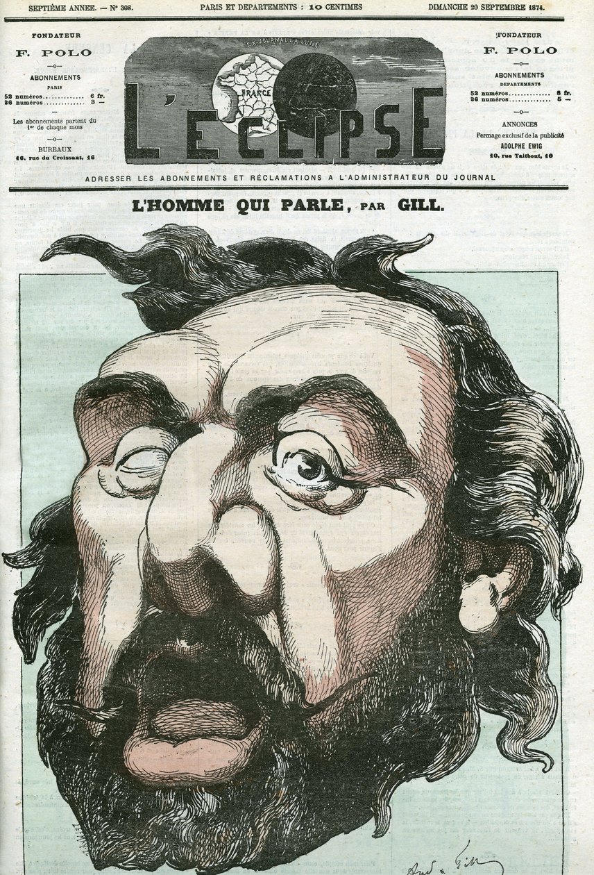 "वह आदमी जो बोलता है" का कार्टून, लियोन गैम्बेटा (1838-1882), फ्रांसीसी राजनीतिज्ञ। गिल द्वारा "" L'Eclipse" में कवर, सितम्बर 20 द्वारा एंड्रयू गिल