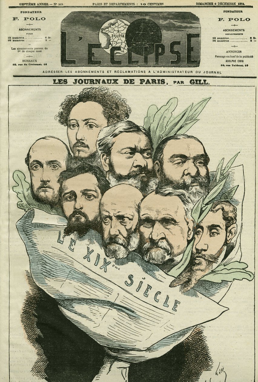एडमॉन्ट अबाउट (1828-?) द्वारा निर्देशित समाचार पत्र "" ले XIXe siècle "" की टीम का कार्टून, एक फ्रांसीसी अक्षर का आदमी। गिल द्वारा "" L'Eclipse" में कवर, 6 दिसंबर द्वारा एंड्रयू गिल