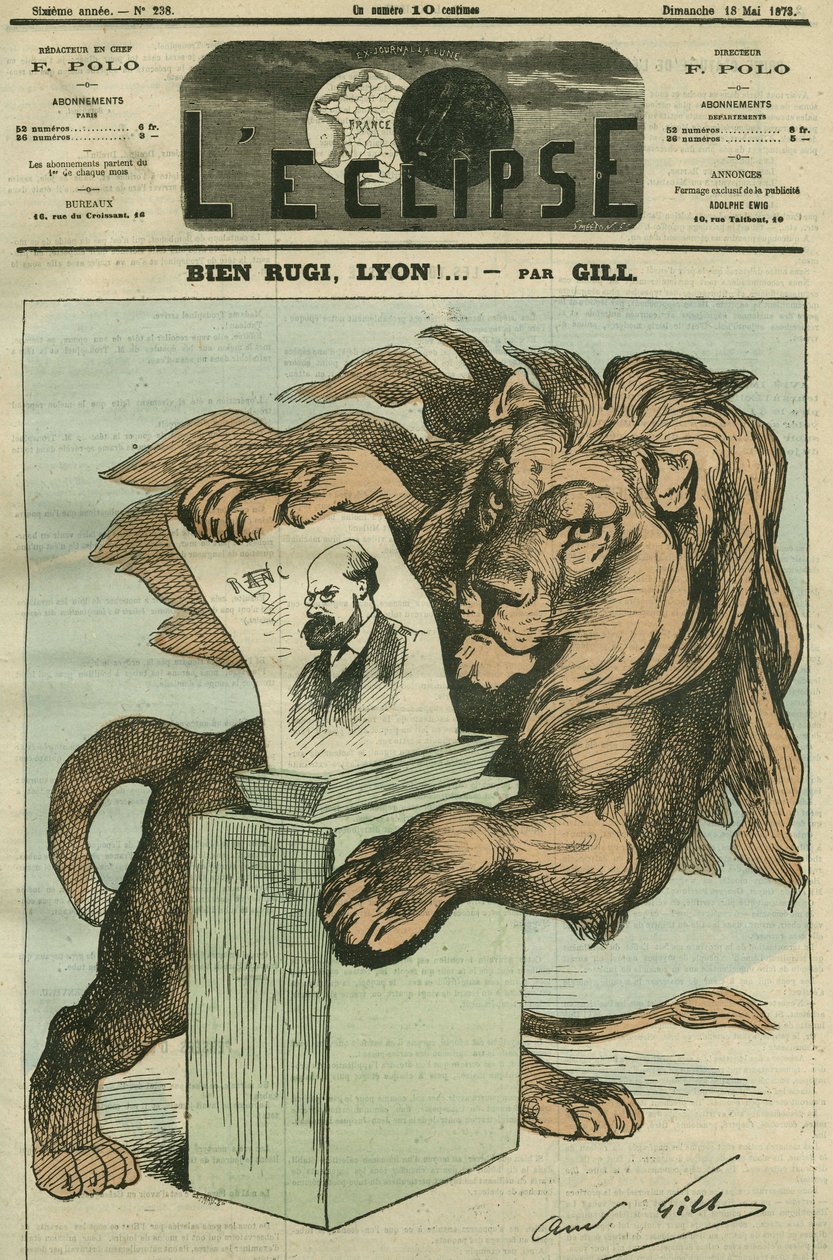 अच्छा रग्बी, ल्यों! , रोन के प्रतिनियुक्त आर्थर रांक (1831-1908) के चुनाव के लिए कार्टून। गिल द्वारा "" L'Eclipse"" में कवर, मई १८ द्वारा एंड्रयू गिल