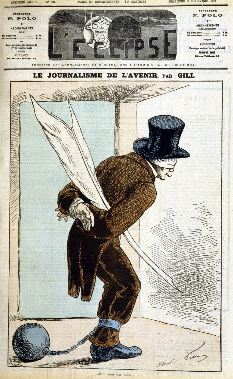 05/12/1875 के "" L'Eclipse"" में गिल द्वारा, "" भविष्य की पत्रकारिता"" - "" भविष्य की पत्रकारिता"" - पंख, हाथ बंधे और पैर में एक गेंद के साथ आंखों की पट्टी वाला आदमी। द्वारा एंड्रयू गिल