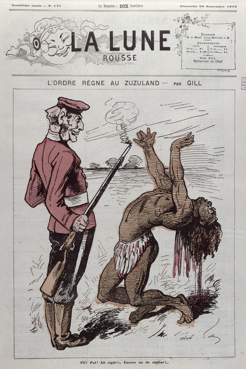 &39;ज़ूगुलैंड में आदेश शासन&39;, 1879 में &39;ला ल्यून रूस&39; से दक्षिण अफ्रीका के अंग्रेजी उपनिवेश का कैरिकेचर द्वारा एंड्रयू गिल