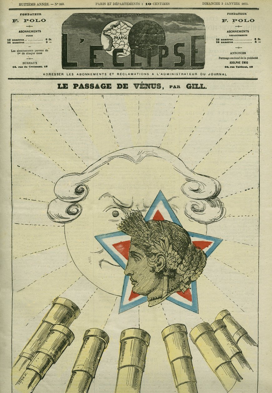 1874 में सूर्य (राजशाही) से पहले शुक्र (गणराज्य) का मार्ग। गिल द्वारा "" L'Eclipse" में कवर, जनवरी 3 द्वारा एंड्रयू गिल