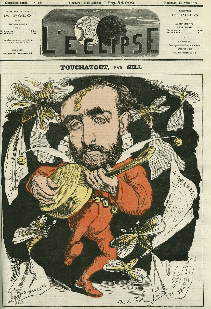 Touchatout, "Histoire de France tintamarresque" "और" Trombinoscope "" के लेखक। गिल द्वारा "" L'Eclipse "" में कवर, 28 अप्रैल द्वारा एंड्रयू गिल