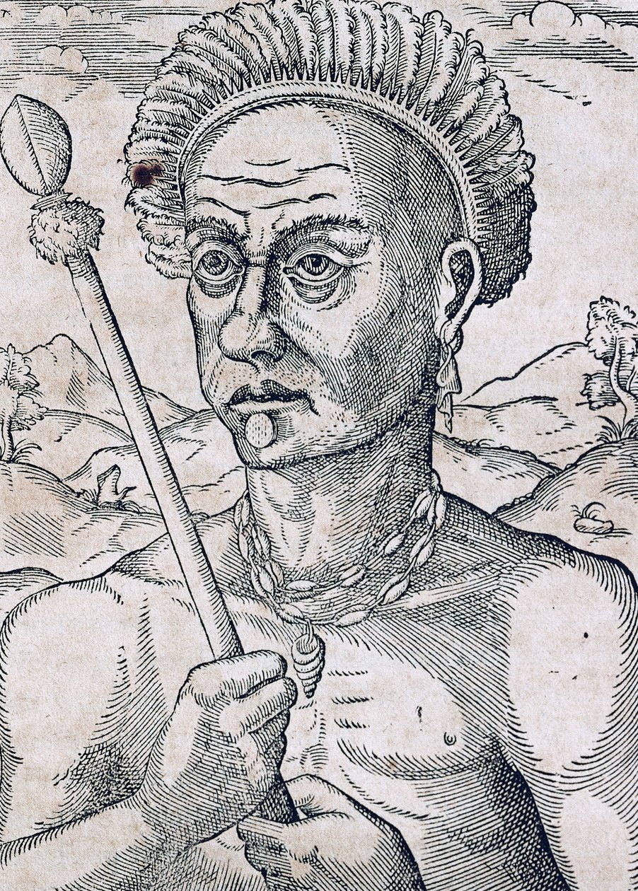 आंद्रे थेवेट (1504-1592), पेरिस द्वारा यूनिवर्सल कॉस्मोलॉजी से उत्कीर्णन किंग क्वोनियाम्बेक, ब्राजील द्वारा आंद्रे तिवेट