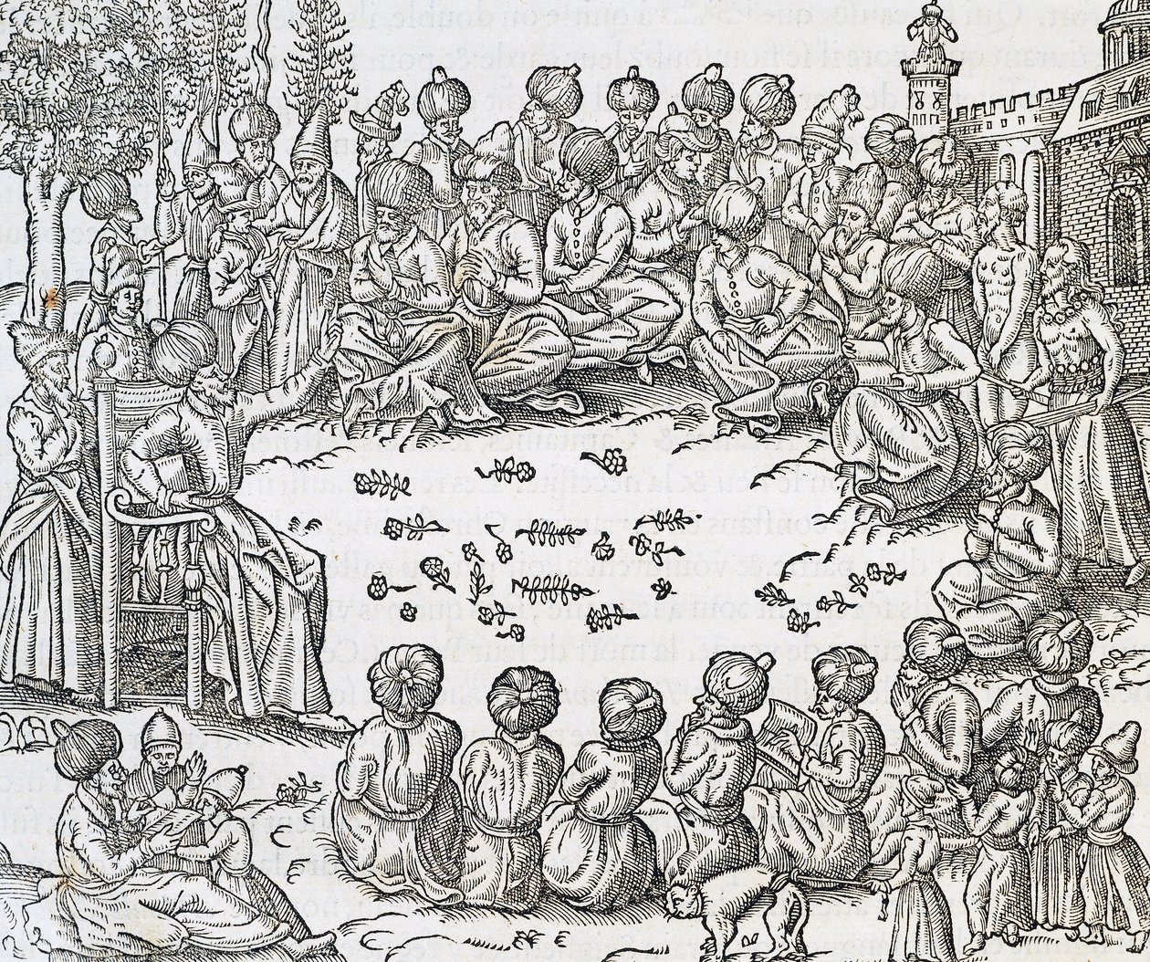 आंद्रे थेवेट (1504-1592), पेरिस द्वारा यूनिवर्सल कॉस्मोलॉजी से उत्कीर्ण तुर्क और अरब, मोरक्को के बीच बैठक द्वारा आंद्रे तिवेट