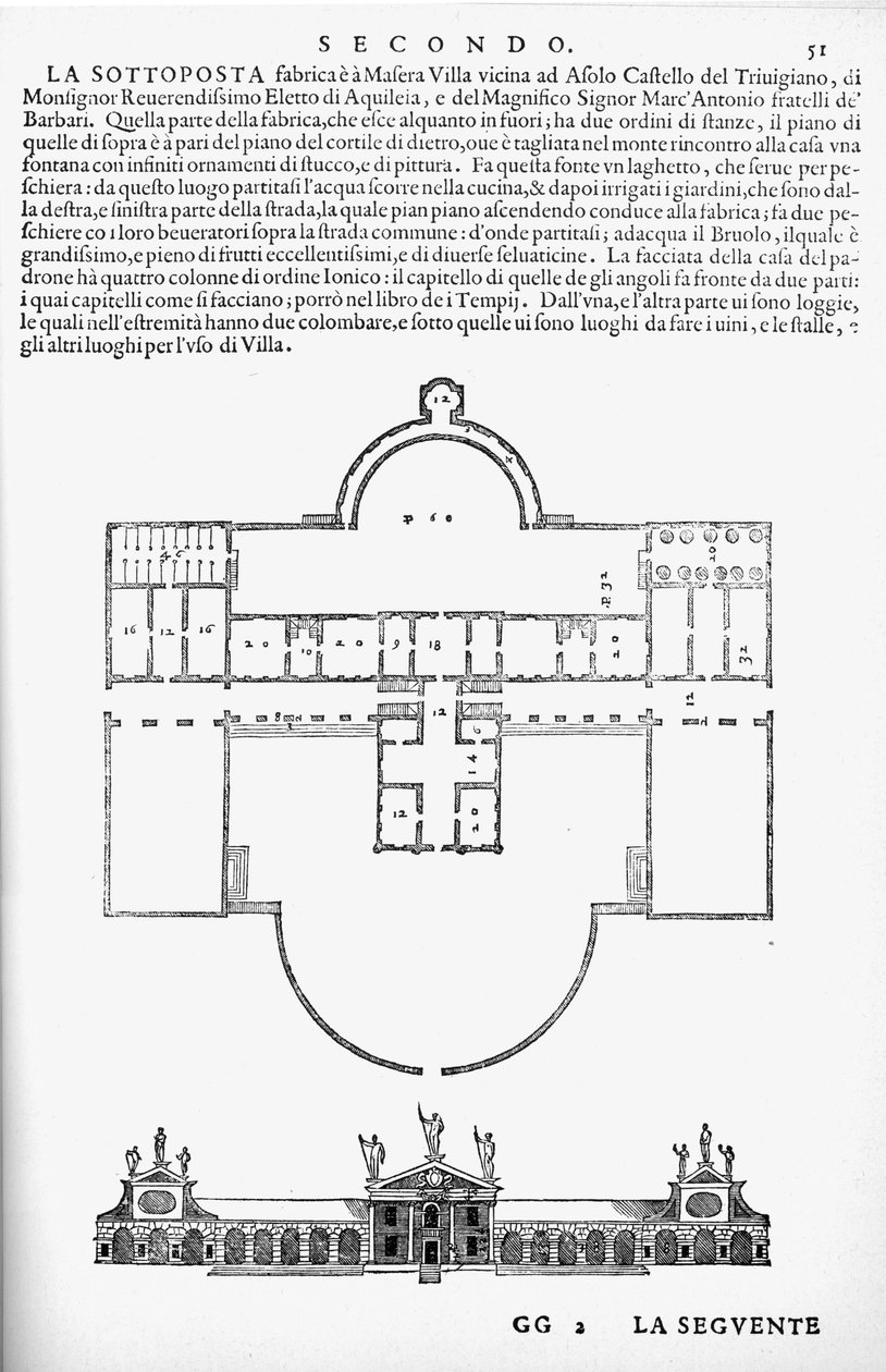 मूल रूप से प्रकाशित 1570 में पल्लदियो द्वारा लिखी गई &39;आई क्वात्रा लिबरी डैल&39;अराचितेटुरा&39; की एक मुख्तार प्रति से विला बारबोरो, मैसर का चित्रण और योजना द्वारा एंड्रिया प्लादियो