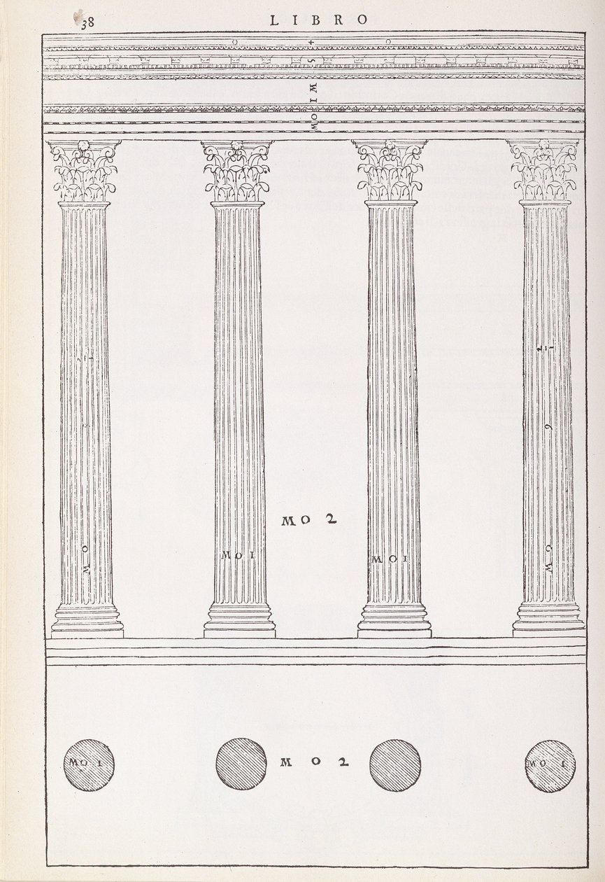 कोरिंथियन ऑर्डर, मूल रूप से 1570 में प्रकाशित पल्लदियो द्वारा लिखित &39;आई क्वाट्रो लिबरी डैल&39;अराचितेटुरा&39; की एक प्रतिकृति कॉपी से चित्रण द्वारा एंड्रिया प्लादियो
