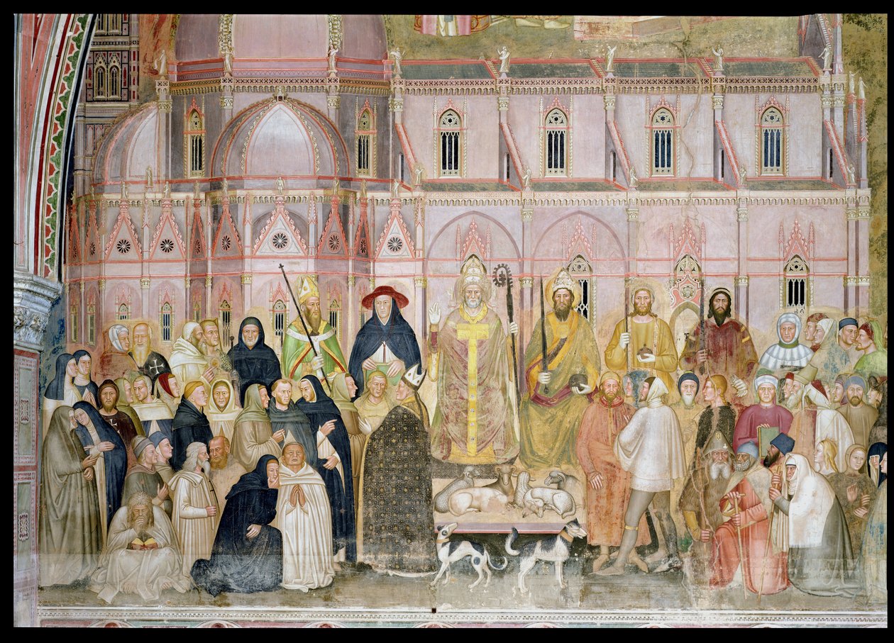 चर्च मिलिटेंट और विजयी, सैंटा मारिया डेल फियोर के साथ सेकुलर अधिकारियों का विस्तार, स्पेनिश चैपल से, c.1369 फ्रेस्को विस्तार 31612 से द्वारा एंड्रिया डि बोनाईटो