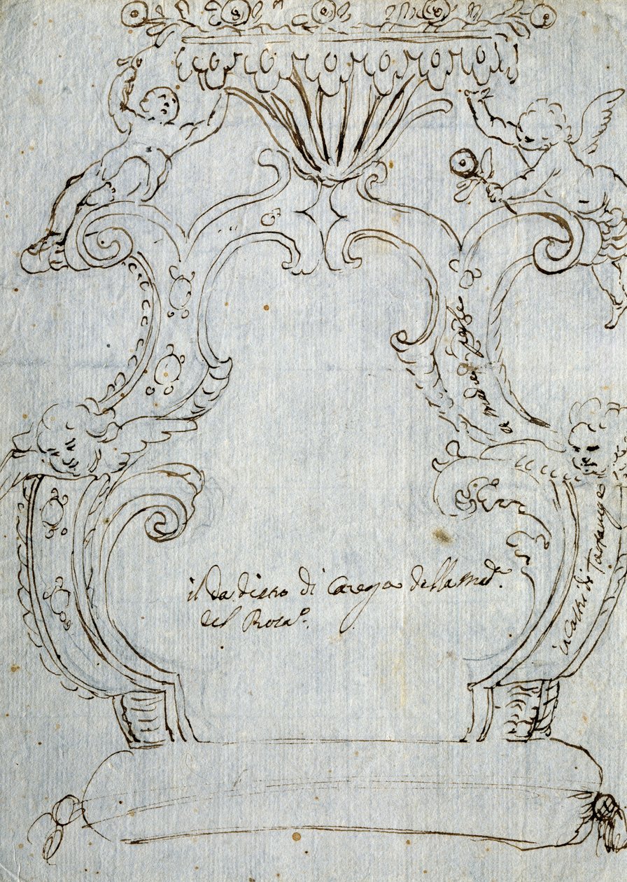 एंड्रिया ब्रुस्टोलन (1662-1732) द्वारा चेयर बैक के लिए स्केच, सीए 1715, श्वेत पत्र, इटली पर पेंसिल और पेन द्वारा एंड्रिया ब्रस्टोलन