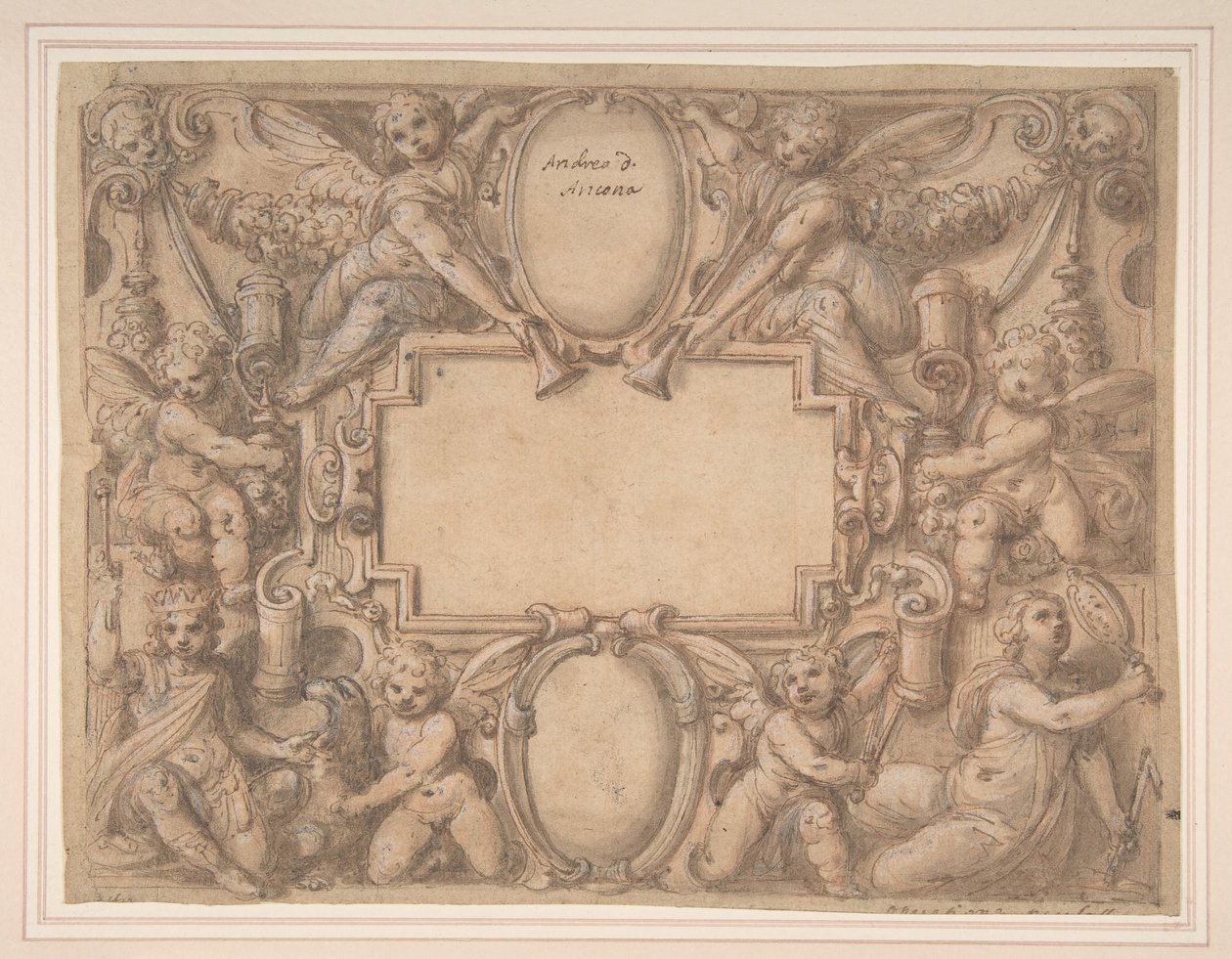 अलगोरिकल फिगर से घिरा एक कार्टूचे और दो शील्ड।, 1570-1631। द्वारा एंड्रिया लिली
