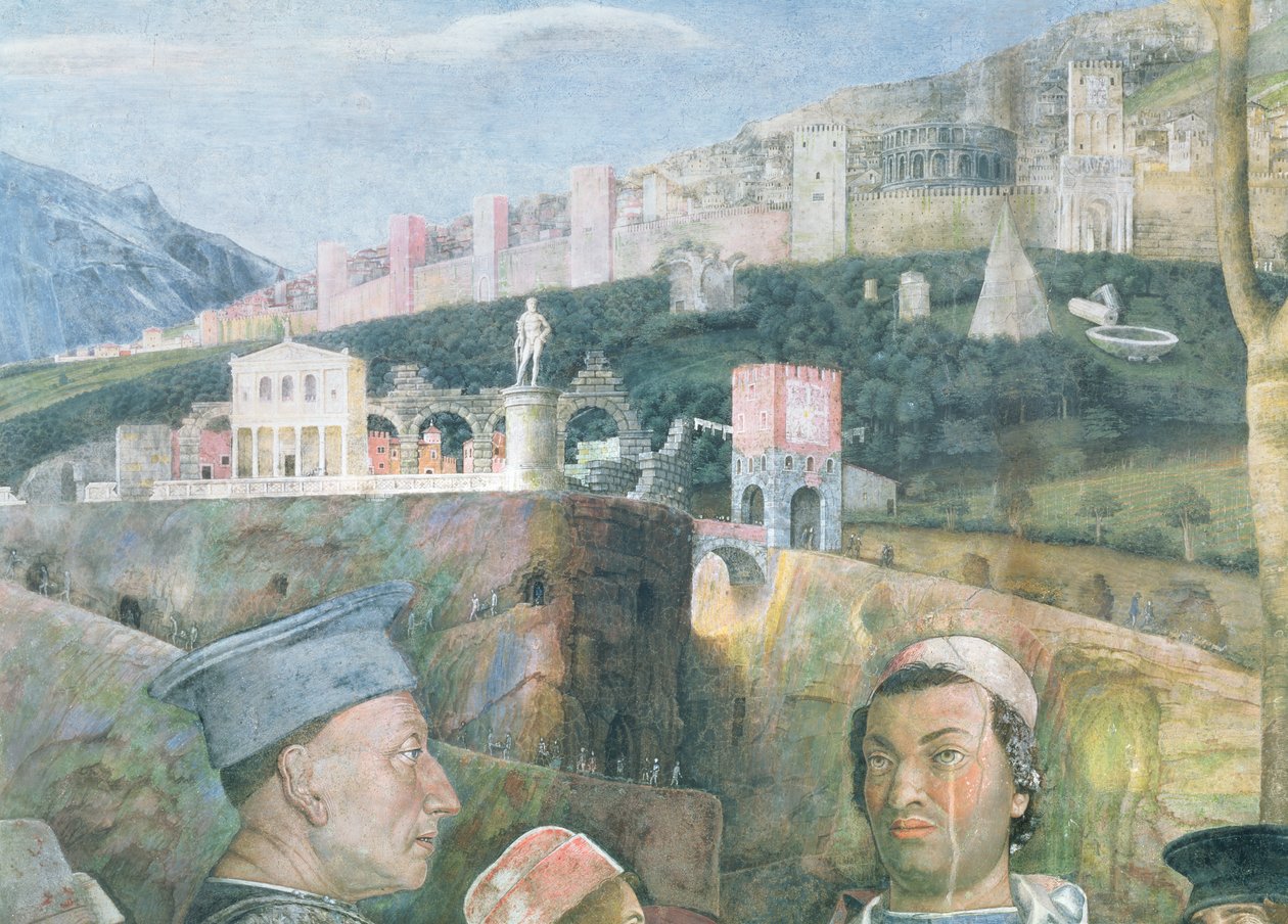 कार्डिनल फ्रांसेस्को गोंजागा का आगमन; कैमरा डिगली स्पोसी या कैमरा पिक्ट्रा से रोम का एक आदर्श दृश्य दिखाने वाली पृष्ठभूमि का विस्तार, 1444-74 फ्रेस्को का 78449 विवरण द्वारा एंड्रिया मेंटेग्ना