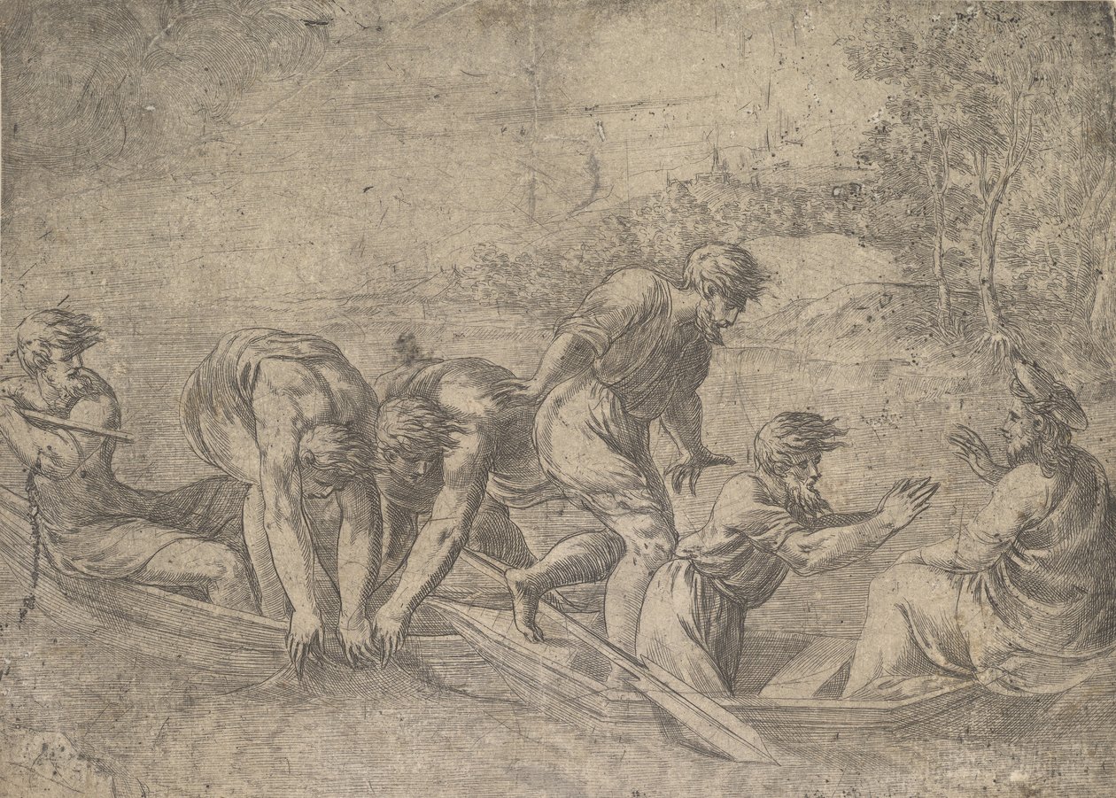 मछलियों का चमत्कारी ड्राफ्ट, दाईं ओर प्रेरितों के साथ क्राइस्ट ..., ca.1548-52। द्वारा एंड्रिया शियावोन