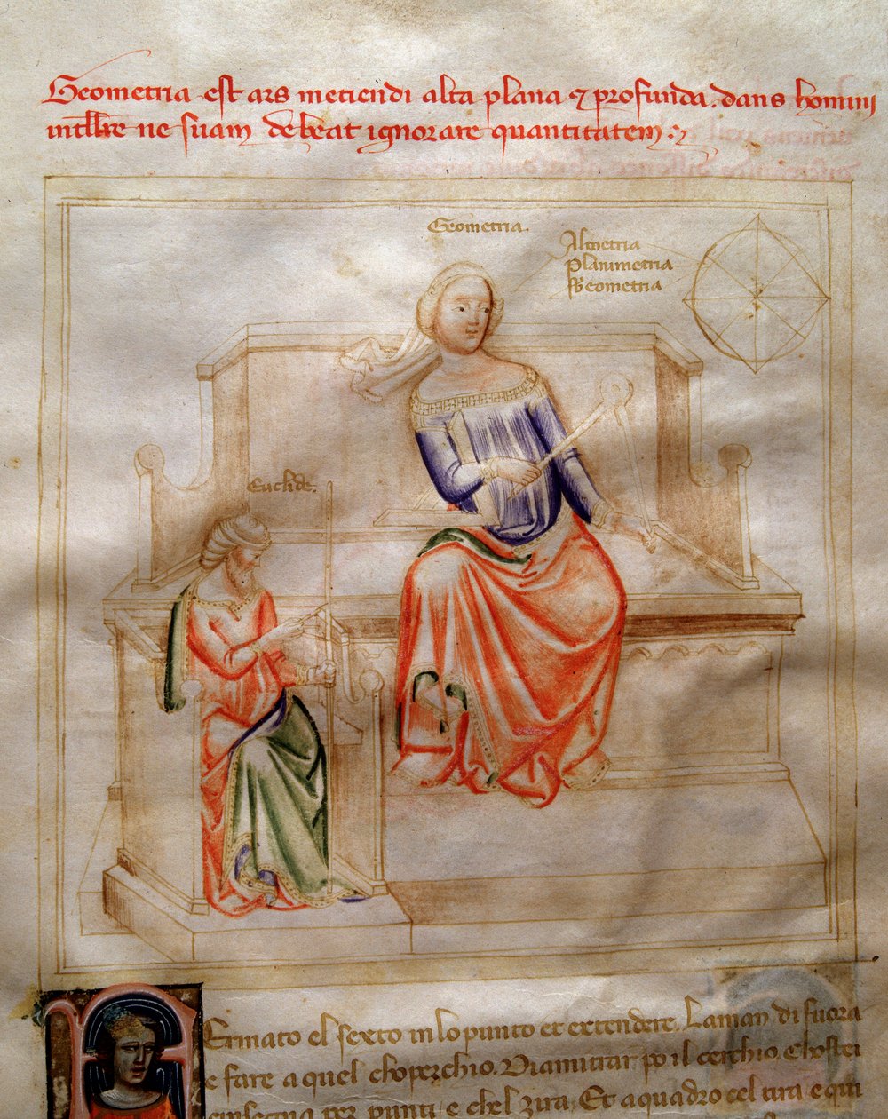 बार्टोलोमो डी बार्टोली द्वारा "" चैनसोन डेस सेप्ट वर्टस एट डेस सेप्ट आर्ट्स उदारवादियों को ब्रुज़ियो विस्कॉन्टी "(गुणों और विज्ञान का गीत) के लिए नियत किया गया है। एंड्रिया डि बार्टोली द्वारा वाटरकलर (1358 और 1368 के बीच सक्रिय) (ms. 599, fo द्वारा एंड्रिया डी बार्टोली