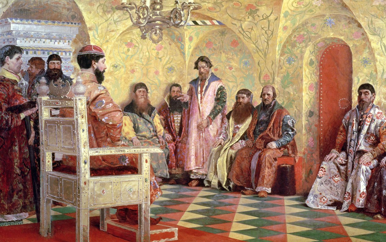 ज़ार मिखाइल फ्योडोरोविच (1596-1645) अपने कमरे में 1893 में बॉयर्स सिटिंग के साथ द्वारा आंद्रेई पेट्रोविच रयाबुश्किन
