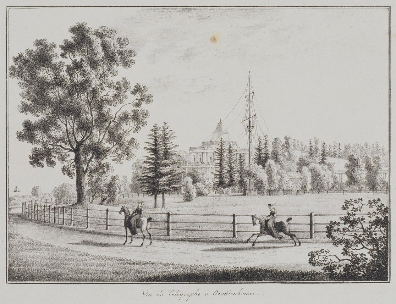 ओब्रिएनबौम, 1821-1822 में टोबोगैनिंग मंडप और टेलीग्राफ का दृश्य द्वारा आंद्रेई येफिमोविच मार्टिनोव