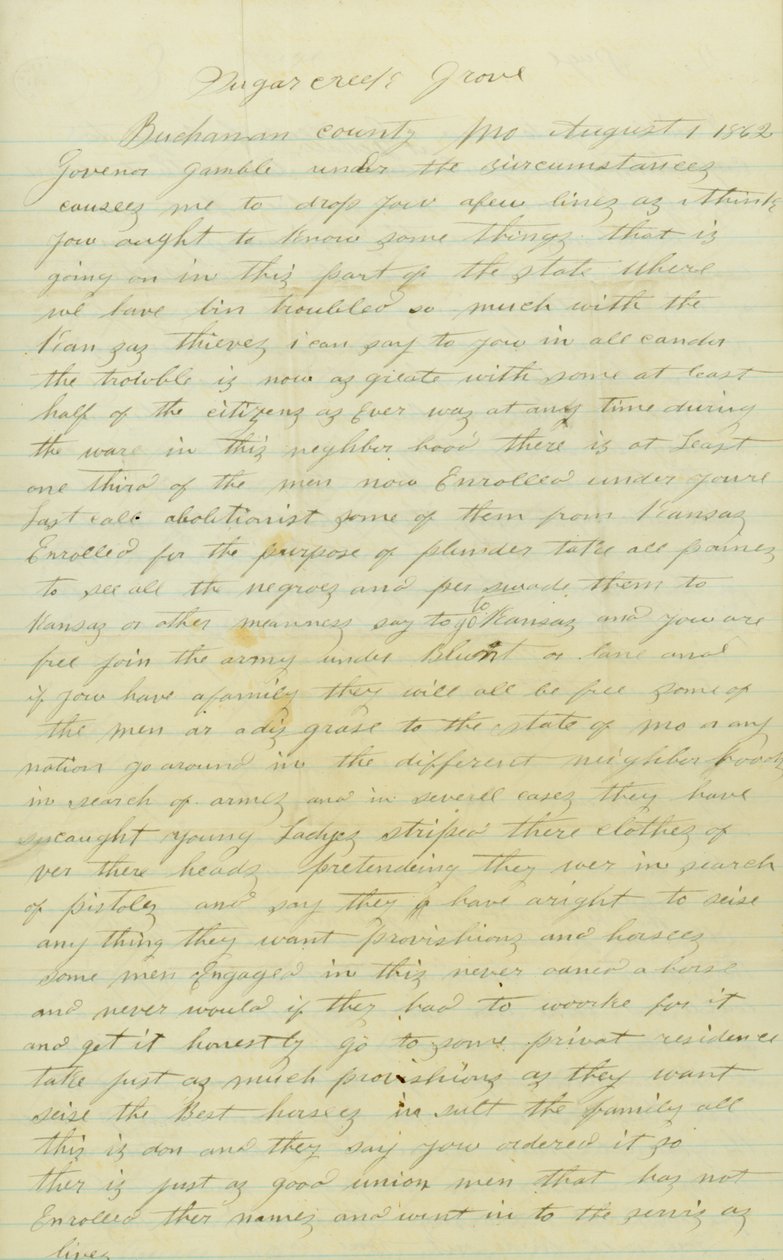 गवर्नर गैंबल [हैमिल्टन आर गैंबल], 1 अगस्त, 1862 को एंड्रयू ब्राउनलो, बुकानन काउंटी, मो. पर हस्ताक्षर किए गए पत्र द्वारा एंड्रयू ब्राउनलो