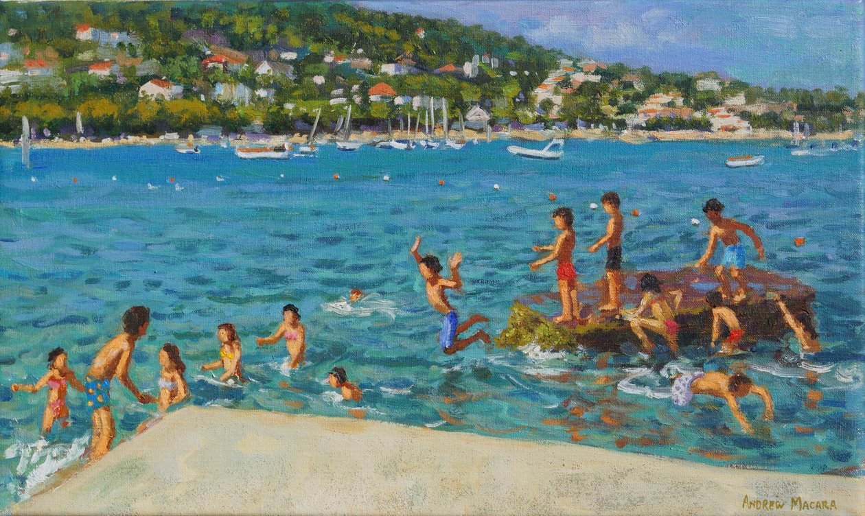 चट्टानों से कूदना; Cinque Terre, Positano, इटली, 2000 (कैनवास पर तेल) द्वारा एंड्रयू मकारा