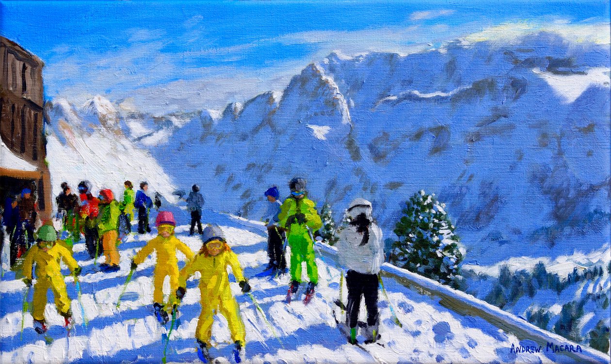 पीले रंग में युवा स्कीयर, Val Gardena Italy.12x20 द्वारा एंड्रयू मकारा