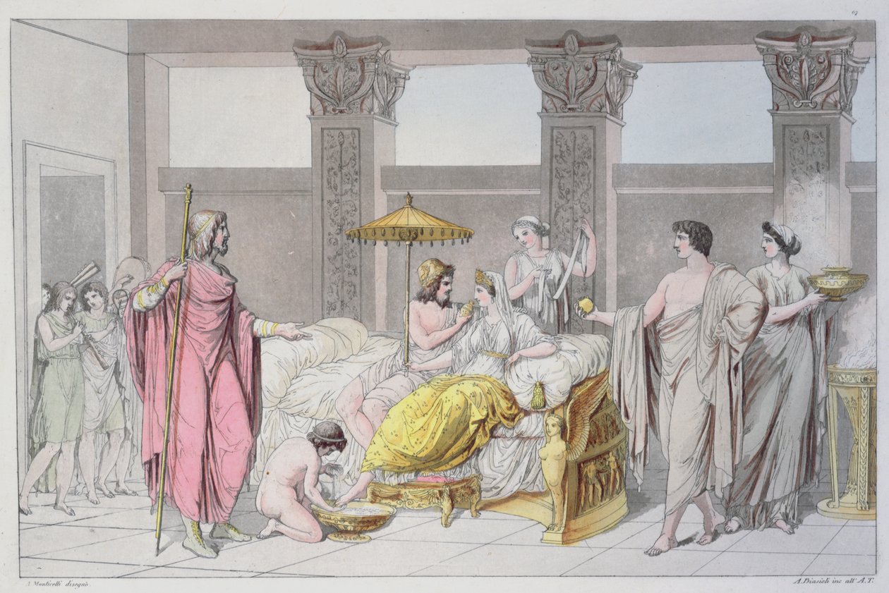 यूलिस और पेनेलोप की शादी, जूल्स फेरारियो द्वारा &39;ले कॉस्टयूम एंसिएन ओउ मॉडर्न&39; का चित्रण, ए। बायसोली, मिलान 1821 (रंग उत्कीर्णन) द्वारा उकेरा गया द्वारा एंजेलो मोंटिसेली