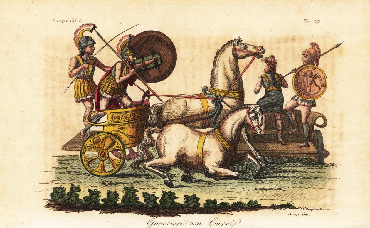 बीगा या दो-घोड़ों के रथ पर सवार चित्रित ढालों वाले प्राचीन यूनानी योद्धा द्वारा एंजेलो (बाद में) मोंटीसेली