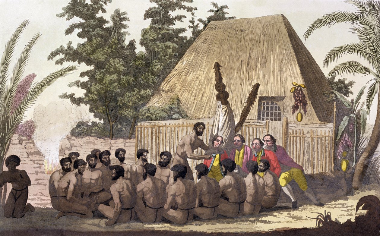 कैप्टन कुक ने एक भेंट का अवलोकन किया, सैंडविच द्वीप समूह, 1778-1779 19वीं सदी द्वारा एंजेलो बायसियोली