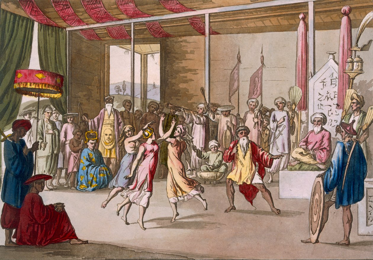 कोचीन चीनी नाटक, 'कॉस्ट्यूम देई...' से, c1820s-30s। द्वारा एंजेलो मोंटिसेली