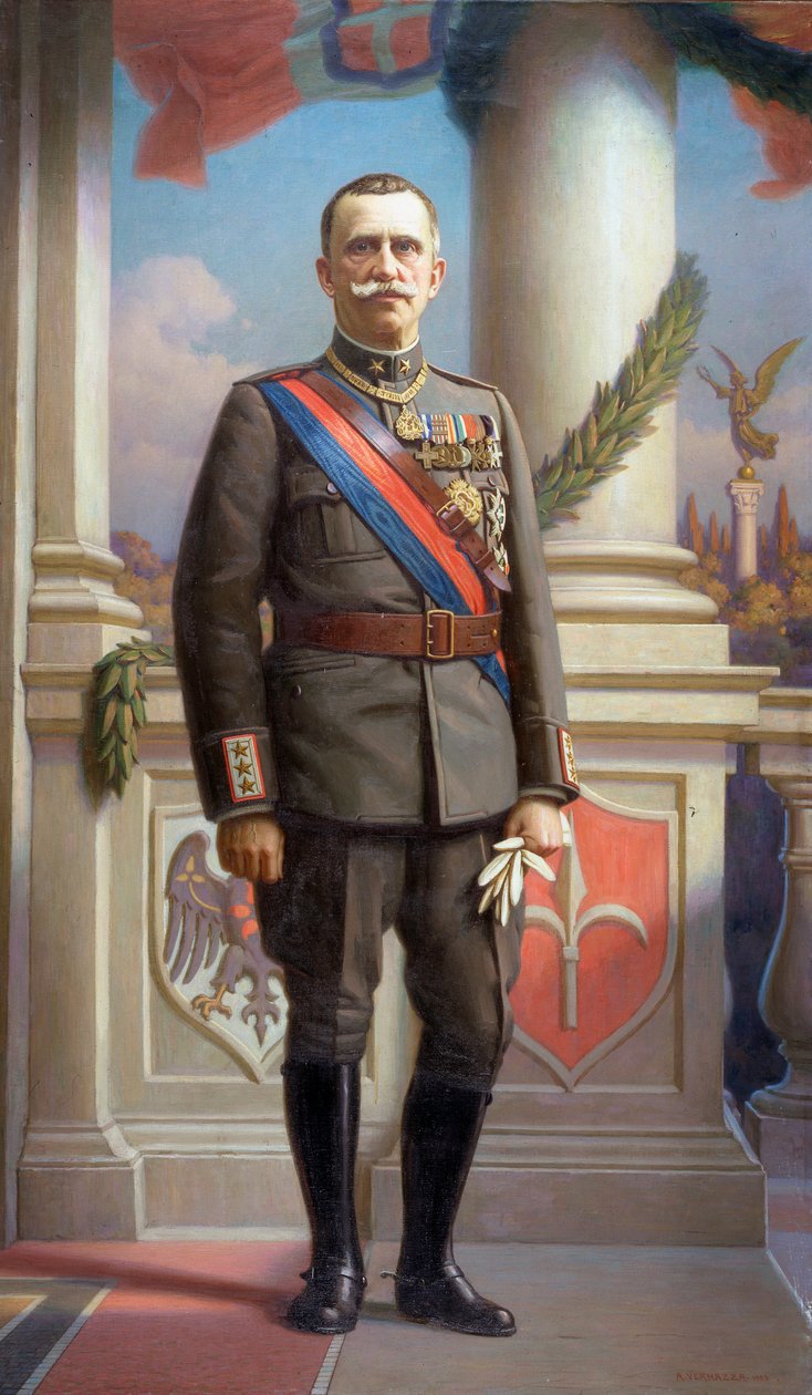 इटली के राजा का पोर्ट्रेट विटोरियो इमानुएल III (विक्टर इमैनुएल III) (1869-1947) एंजेलो वर्नाज़ा द्वारा पेंटिंग (1869-1937) 1923 डिम 220x130 सेमी जीन, गैलेरिया डी'आर्टे मॉडर्न, आमंत्रण 0588 द्वारा एंजेलो वर्नाज़ा