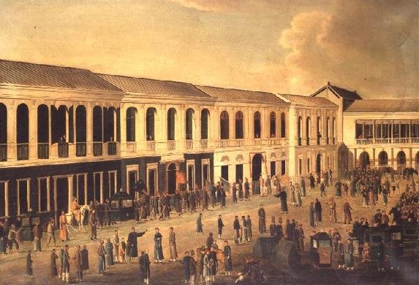 कैंटन में वाटरफ्रंट पर हांग का एक दृश्य, c.1825 द्वारा एंग्लो चीनी स्कूल