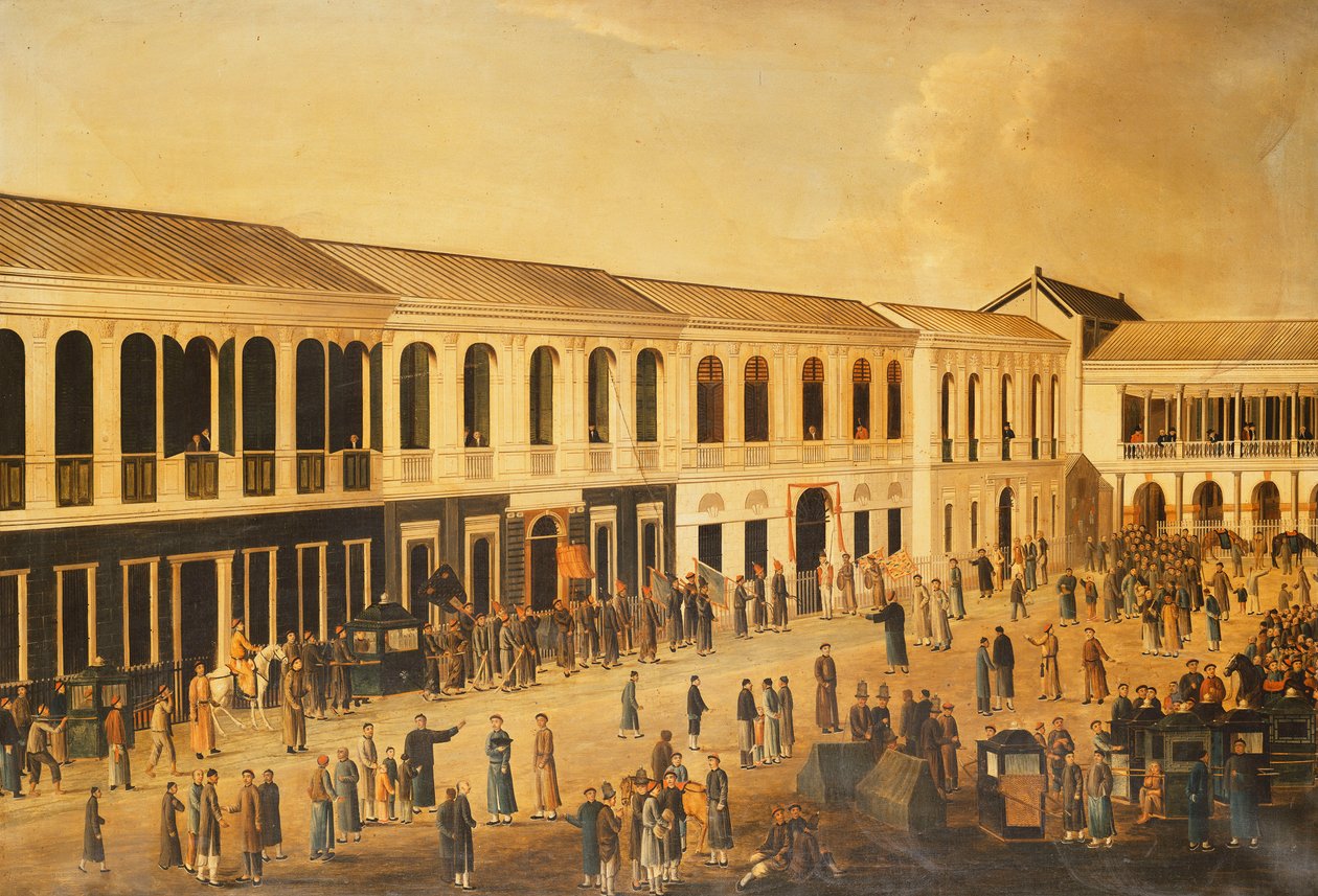 कैंटन में वाटरफ्रंट पर होंग्स का एक दृश्य, सी। 1825 द्वारा एंग्लो चीनी स्कूल