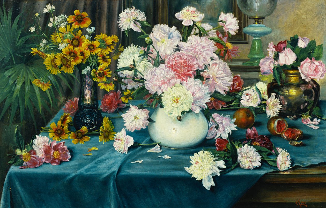 Peonies, Roses और अन्य फूल Vases में एक टेबल पर एक ब्लू क्लॉथ, 1913 के साथ लिपटा द्वारा अन्ना नाइटल