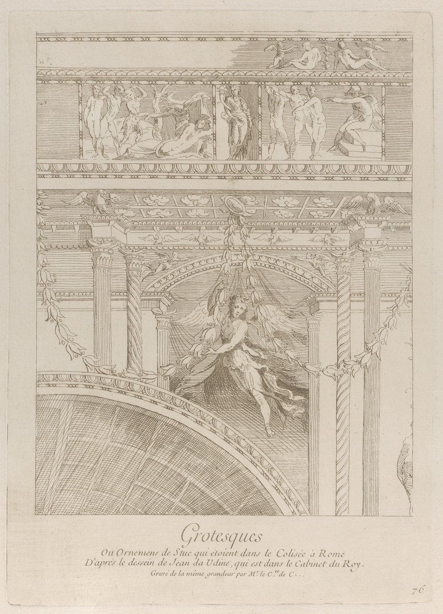 Grotesques: रोम में कोलोसियम को एक पंख के साथ सजाने वाली प्लास्टर राहत का विवरण..., ca. 1729. द्वारा ऐनी क्लाउड फिलिप डी केलुस