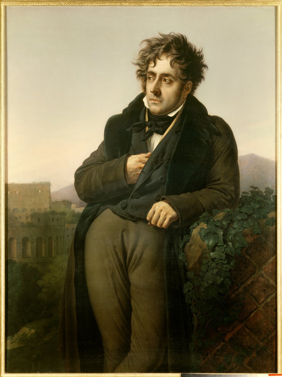 फ्रेंकोइस रेने का पोर्ट्रेट, चेटीउब्रिएंड का विस्काउंट (1768-1848) कॉलिज के एक दृश्य के सामने रोम के खंडहरों का ध्यान द्वारा ऐनी लुइस गिरोडेट डी रॉसी ट्रायसन
