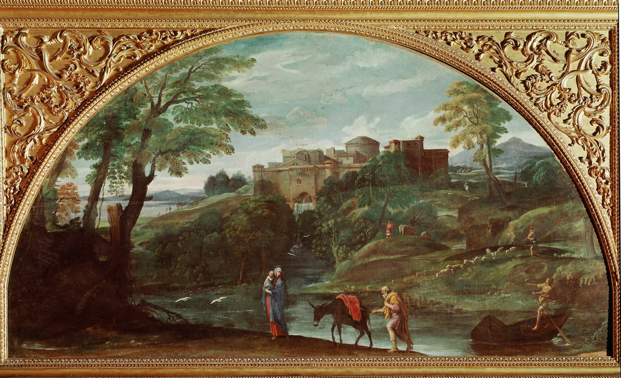 मिस्र के लिए उड़ान। एनीबेल कार्रेसी डिट कैरचे द्वारा पेंटिंग (1560-1609)। मंद: 122x230 सेमी। गैलेरिया डोरिया पैम्फिलज, रोम, इटली। द्वारा एनीबेल कार्रेसी