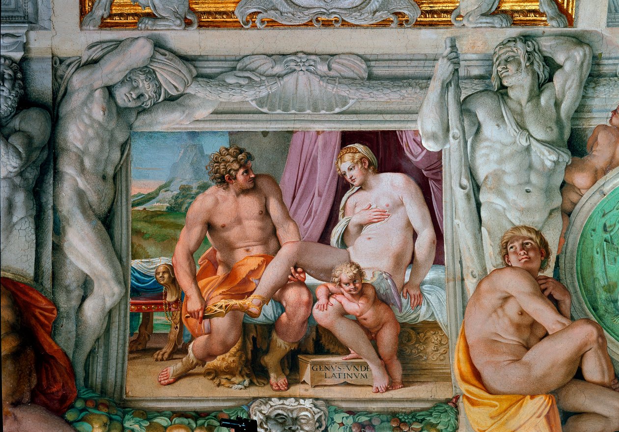 एनीबेल कार्रेसी (एनीबल कार्राचे) (1560-1609) द्वारा वीनस और एंचिस फ्रेस्को। १५९७-१६०० रोम, पलाज्जो फ़ार्नीज़ द्वारा एनीबेल कार्रेसी