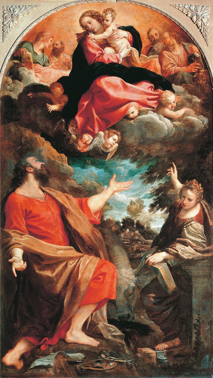 एनीबेल कार्रेसी (1560-1609), कैनवास पर तेल, 401x226 सेमी, लगभग 1592 द्वारा वर्जिन सेंट ल्यूक और कैथरीन को दिखाई देता है द्वारा एनीबेल कार्रेसी