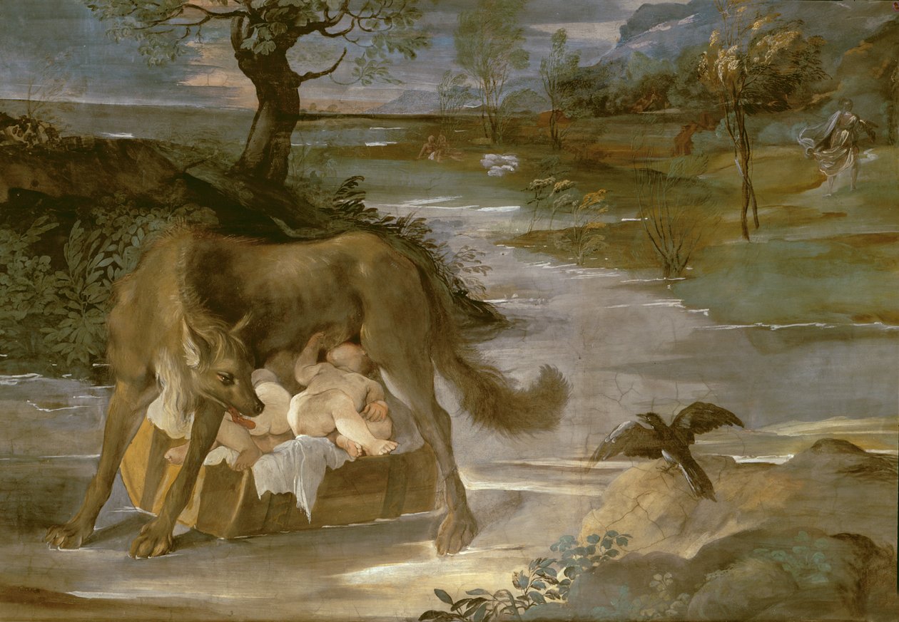 द शी-वुल्फ सकिंग रोमुलस एंड रेमुस, हिस्ट्री ऑफ़ रोमूलस चक्र, c.1590 द्वारा एनीबेल कॉपी कैरासी