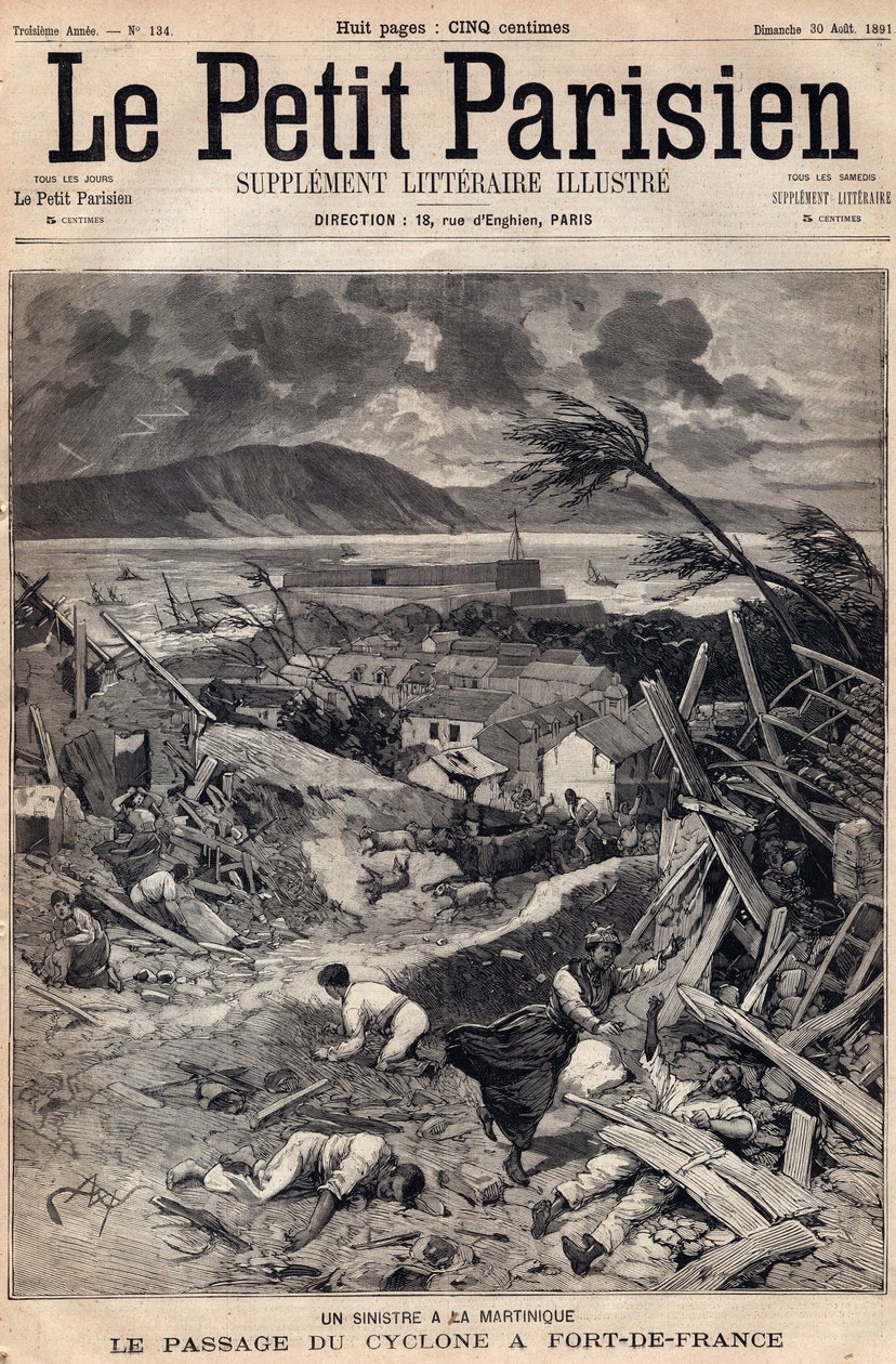 मार्टीनिक में एक आपदा: 1891 में फोर्ट-डी-फ्रांस (फोर्ट डी फ्रांस) में चक्रवात का मार्ग। अगस्त 1891 से "ले पेटिट पेरिसियन" में उत्कीर्णन। निजी संग्रह। द्वारा अनाम अनाम
