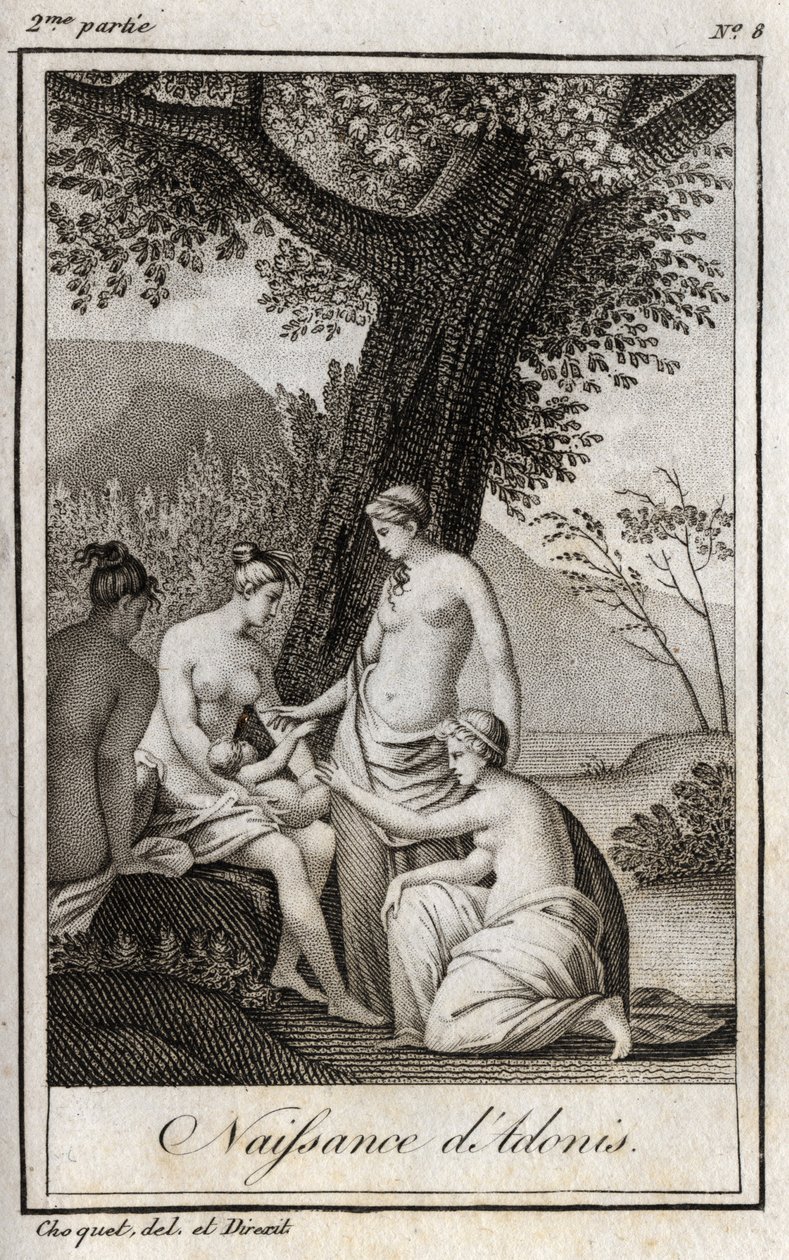 अदोनिस का जन्म हुआ है। चार्ल्स अल्बर्ट डेमोस्टियर (1760-1801) द्वारा "लेट्रेस ए एमिली सुर ला मिथोलॉजी" में 1819 से उत्कीर्ण। निजि संग्रह। द्वारा अनाम अनाम