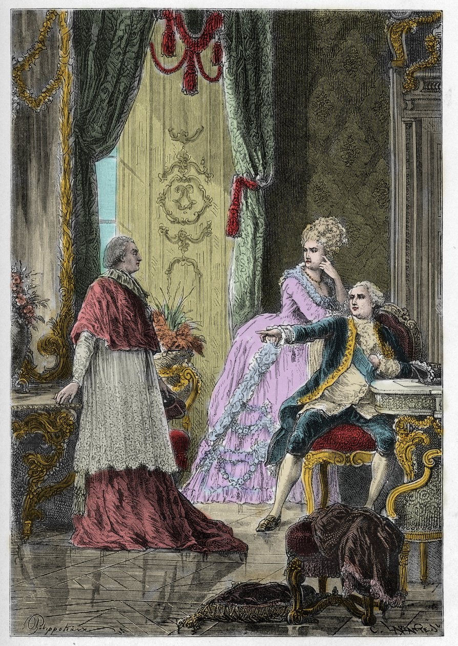क्वीन्स नेकलेस का मामला (1785-1786): किंग लुई सोलहवें (1754-1793) और क्वीन मैरी एंटोनेट (1755-1793) से पहले कार्डिनल लुई रेने एडौर्ड डी रोहन (1734-1803) द्वारा अनाम अनाम