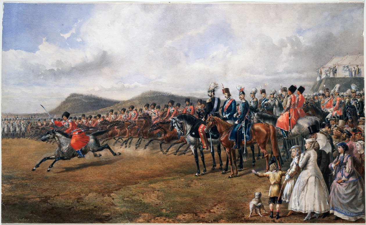 अलेक्जेंड्रे II (1818-1881) पासेंट लेस टॉरुप्स एन रेव्यू - ज़ार अलेक्जेंडर II सैनिकों की समीक्षा - बेनामी - 1867 - कागज पर पानी के रंग - 55x90 - निजी संग्रह द्वारा अनाम अनाम