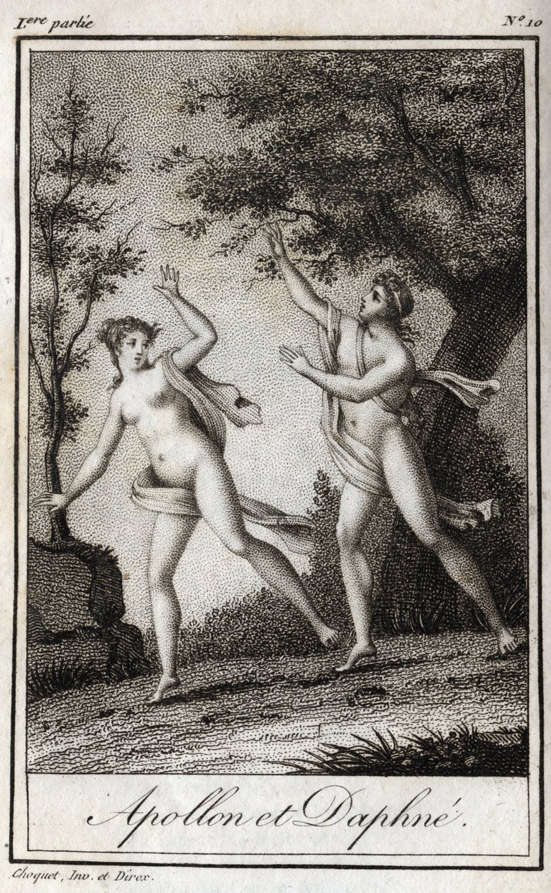 अपोलो और डाफ्ने। अप्सरा डाफ्ने अपोलो से बचने के लिए लॉरेल में बदल जाती है। चार्ल्स अल्बर्ट डेमोस्टियर (1760-1801) द्वारा "लेट्रेस ए एमिली सुर ला मिथोलॉजी" में 1819 से उत्कीर्ण। निजि संग्रह। द्वारा अनाम अनाम