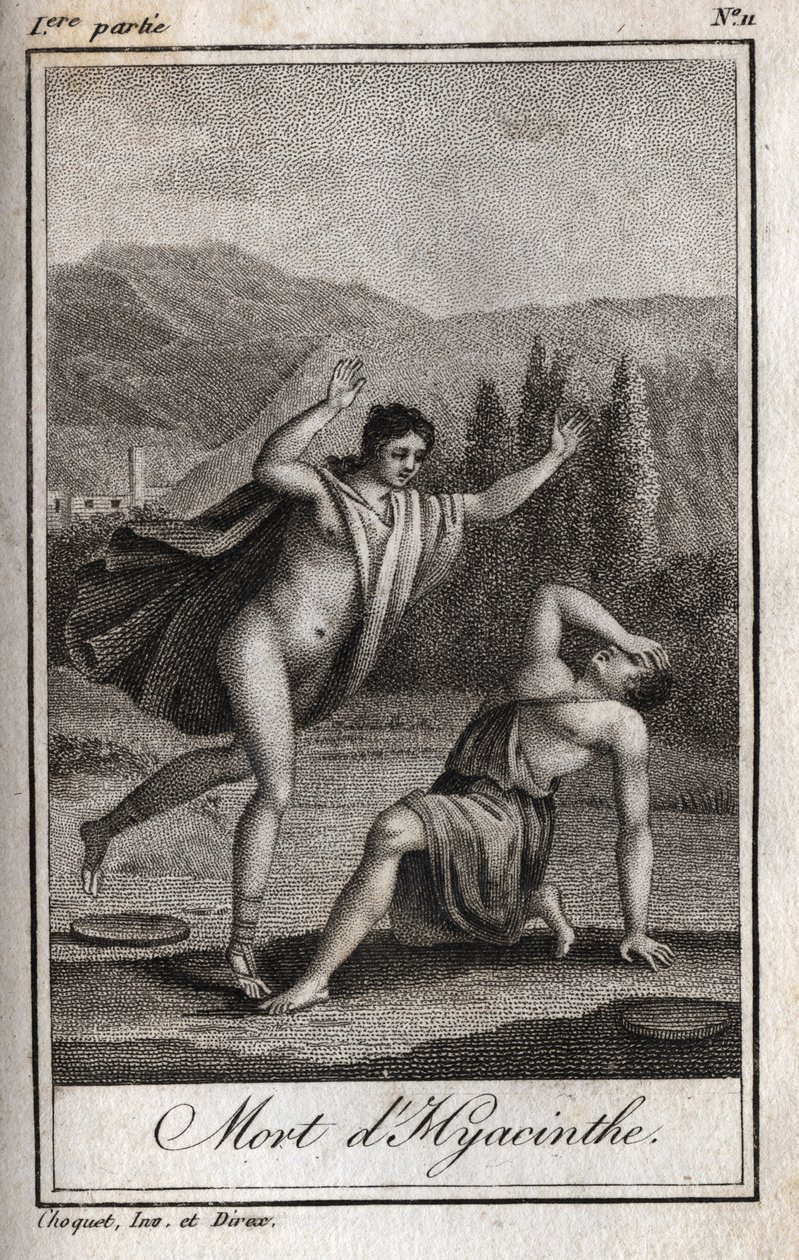 चार्ल्स अल्बर्ट डेमोस्टियर (1760-1801) द्वारा "लेट्रेस ए एमिली सुर ला मिथोलॉजी" में 1819 की उत्कीर्णन अपोलो और हयासिंथोस (हायसिंथे की मृत्यु)। निजि संग्रह। द्वारा अनाम अनाम