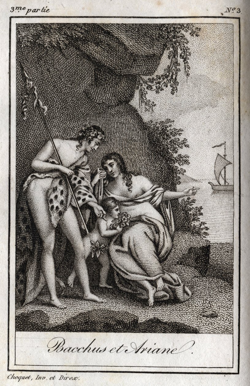Bacchus et Ariane (Bacchus and Ariadne) 1819 से चार्ल्स अल्बर्ट डेमोस्टियर (1760-1801) द्वारा "लेट्रेस ए एमिली सुर ला मिथोलॉजी" में उत्कीर्णन। निजि संग्रह। द्वारा अनाम अनाम
