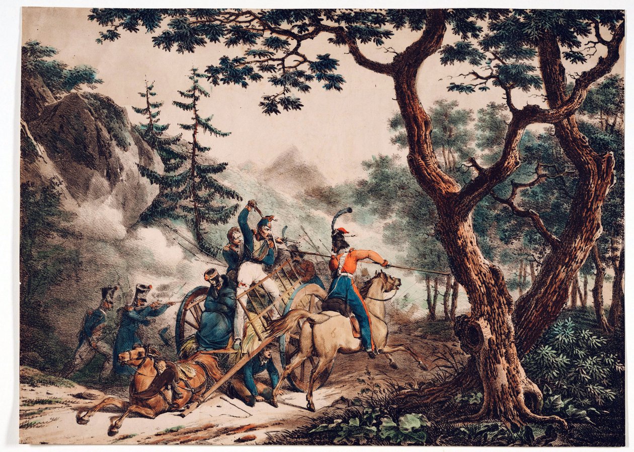 जंगल में फ्रांसीसी सैनिकों पर हमला करने वाले Cossacks - बेनामी - 1825 - रंग लिथोग्राफ - 52x72 - निजी संग्रह द्वारा अनाम अनाम