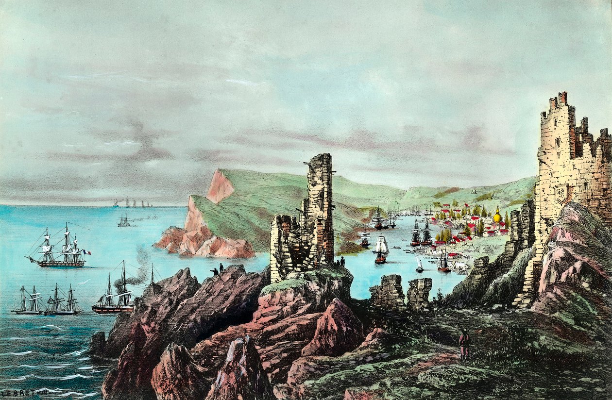 क्रीमी युद्ध: क्रीमी में बालाक्लावा बंदरगाह का दृश्य। 1854-1855 के आसपास उत्कीर्णन। निजि संग्रह द्वारा अनाम अनाम