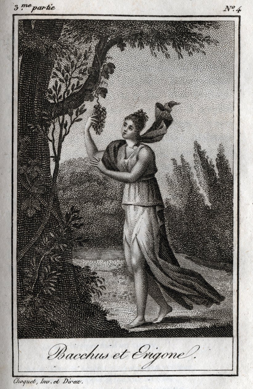 एरिगो और बैचस, चार्ल्स अल्बर्ट डेमोस्टियर (1760-1801) द्वारा "लेट्रेस ए एमिली सुर ला मिथोलॉजी" में 1819 का उत्कीर्णन। निजि संग्रह। द्वारा अनाम अनाम