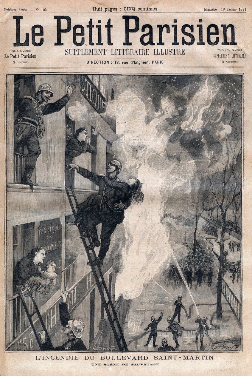 पेरिस का फायरमैन: बुलेवार्ड सेंट-मार्टिन की आग के दौरान बचाव दृश्य। 1891 से "" ले पेटिट पेरिसियन "" में उत्कीर्णन। निजी संग्रह। द्वारा अनाम अनाम