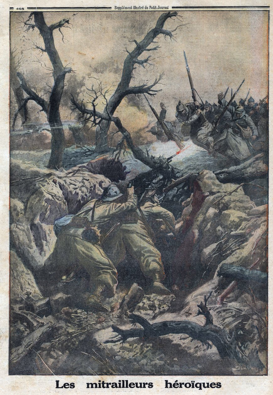 प्रथम विश्व युद्ध 1914-1918 (युद्ध 14-18)। जर्मन सेना पर हमला करने वाले फ्रांसीसी मशीन गनर। 9/04/1916 को "" ले पेटिट जर्नल "" में। निजि संग्रह द्वारा अनाम अनाम